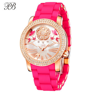 PB Watch Woman Butterfly Flower Nature Pearl Dial Watches Women Crystal Pink Silicone Strap Waterproof Quartz Relogio Feminino